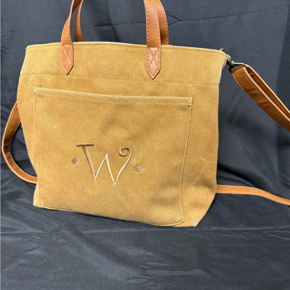thirty-one Tan Canvas Tote with Leather Trim and Front Pocket